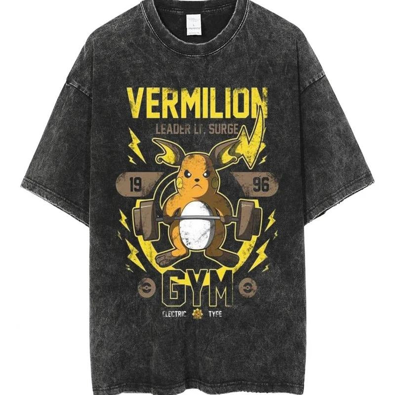 [ Mineral Wash ] Retro PKM Gym Leader Tee Vermilion Anime PKM Fan Lovers Streetwear & Washed Gym Style Shirt Hoodie...