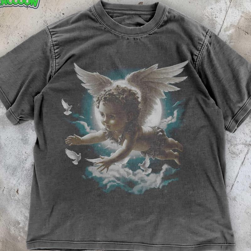[ Mineral Wash ] Retro Y2K Cherub Graphic TShirt , Vintage Angelcore Washed, Streetwear Clothing , Grunge Dark Angel Tee...