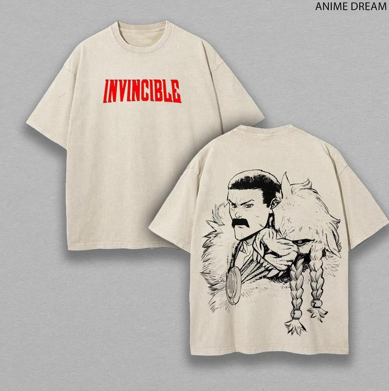 [ Mineral Wash ] Thragg Invincible Anime Double Printed Vintage Washed Tee Unisex Oversize Heavyweight Cotton TShirt For...