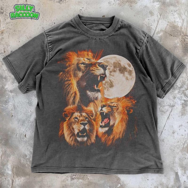 [ Mineral Wash ] Three Lion Graphic Tee , Vintage Style Moon Shirt , Retro Lion TShirt , Celestial Moonlit Wildlife Tee ,...