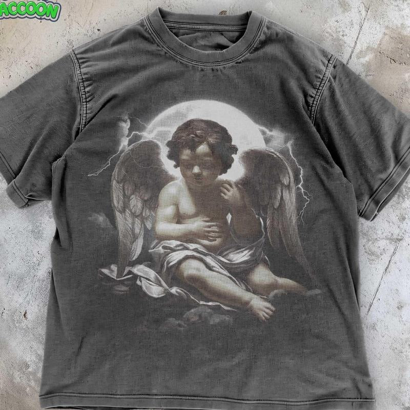 [ Mineral Wash ] Vintage Angel Graphic Tee , Celestial Cherub Shirt , Dark Aesthetic Streetwear , Grunge Y2K Washed,...