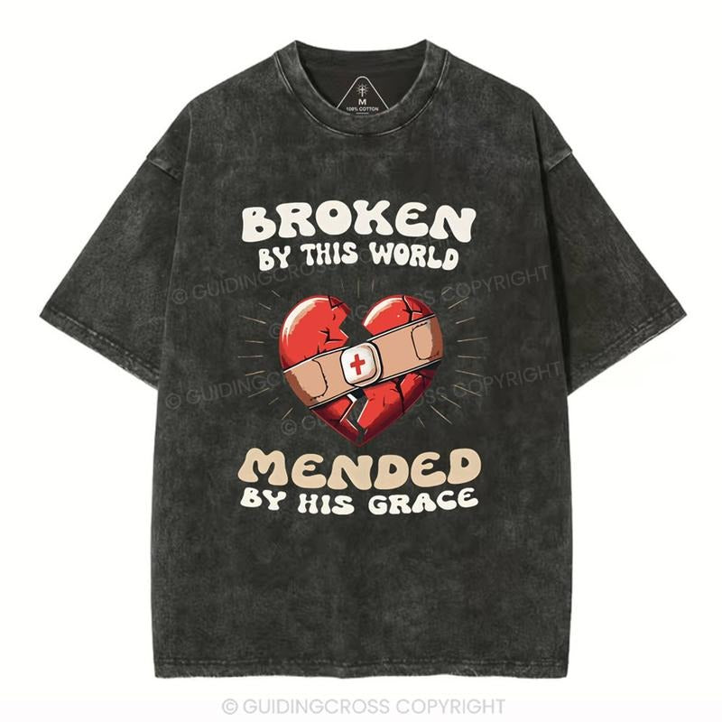 [Mineral Wash Shirt] Broken By This World Christian Washed Shirt Jesus Graphic Style Shirt Casual Crewneck Hoodie Sweatshirt