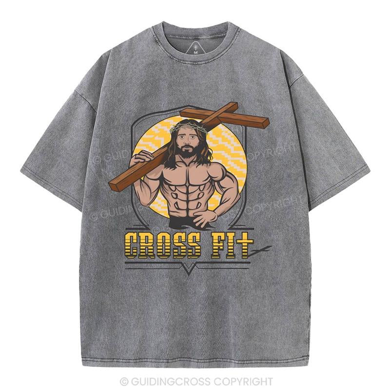 [Mineral Wash Shirt] Cross Fit Christian Washed Shirt Jesus Graphic Style Shirt Casual Crewneck Hoodie Sweatshirt