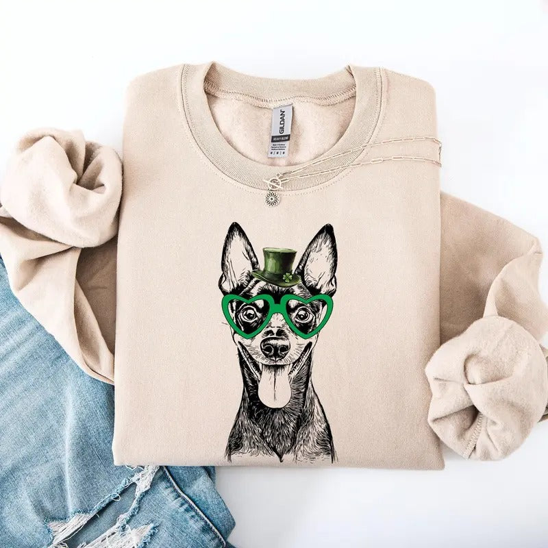 Miniature Pinscher, Min Pin, Adorable Dog, St Patrick's Day, Lucky, Irish Sweatshirt, Crew Neck, Women's, Crewneck Shirt...