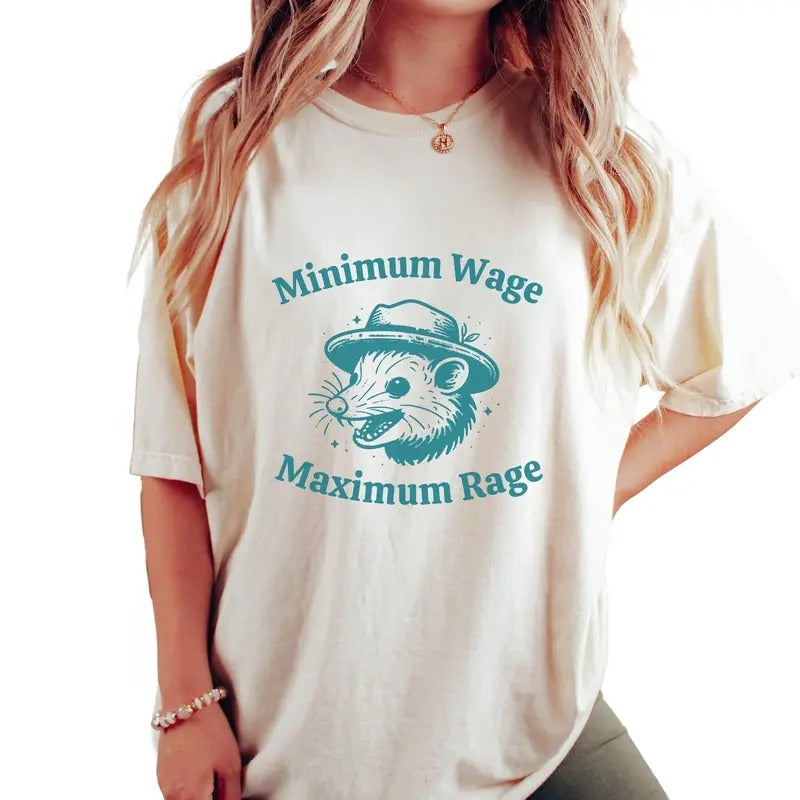 Minimum Wage Maximum Rage, Funny Opossum Shirt, Weirdcore Trash Panda Meme Shirt For Animal Lovers, Unisex T-Shirt, Gifts...