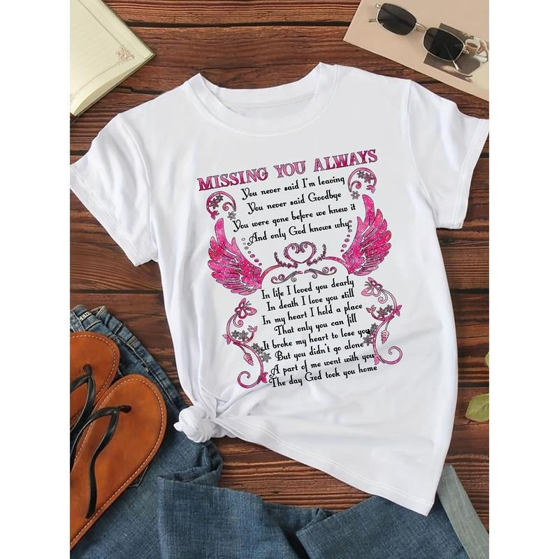 Missing You" Memorial Day T-Shirt - Soft Polyester, Crew Neck, Short Sleeve with Winged Heart Design - Casual &...