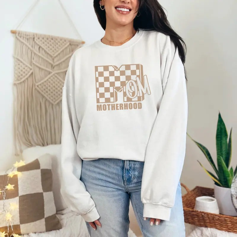 Mom Motherhood Sweatshirt, Checkered Mom Sweatshirt, Mom Sweater, Mother's Day Gift Full Color Print Shirt Hoodie