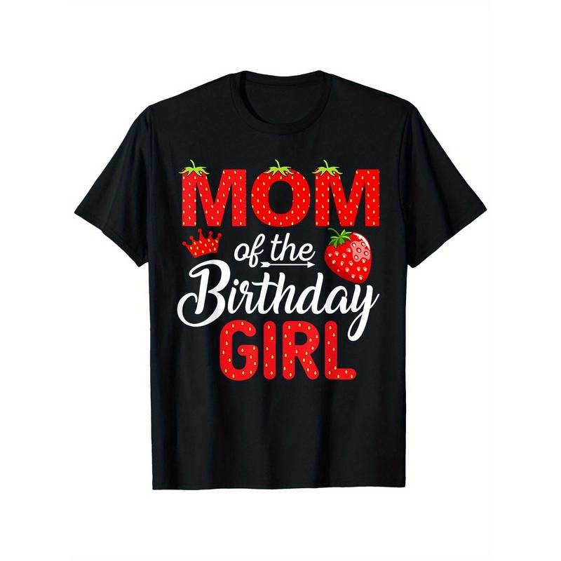 Mom of the Birthday Girl" Berry Strawberry T-Shirt - Cotton, Black with Red Strawberry Print, Crew Neck, Sizes S-XXXL,...