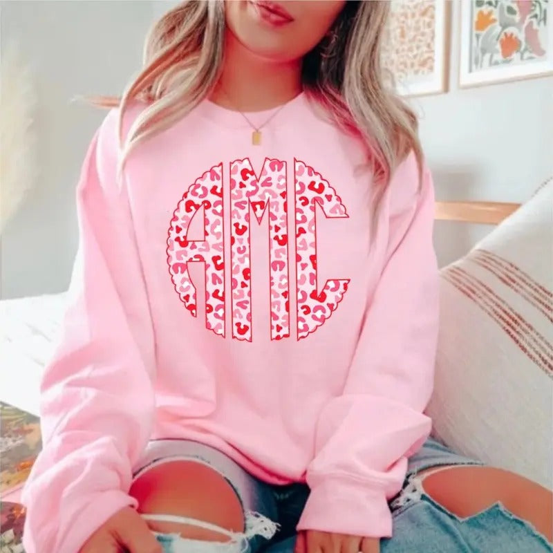 Monogram Personalized Valentine Crewneck Sweatshirt, Custom Valentines Day Hoodie, Women Name Initial Valentine Shirt
