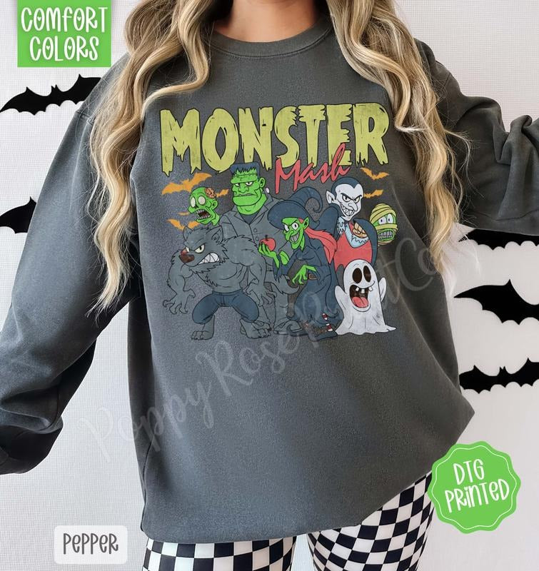 Monster Mash Comfort Colors Sweatshirt, Trendy Halloween Crewneck T-Shirts, Hoodie | PrintMintTees.com