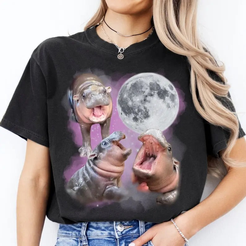 Moo Deng With The Moon Shirt, Cute Baby Hippo Moo Deng Bouncy Pig in Thai Hippopotamus Shirt, Funny Hippo Top Womenswear...