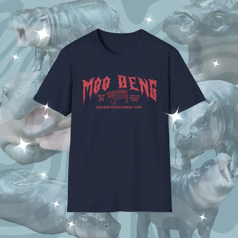 Moo Deng World Tour Metal Shirt | Retro Moo Deng Gift Unisex Softstyle T-Shirt Hoodie, Sweatshirt | PrintMintTees.com