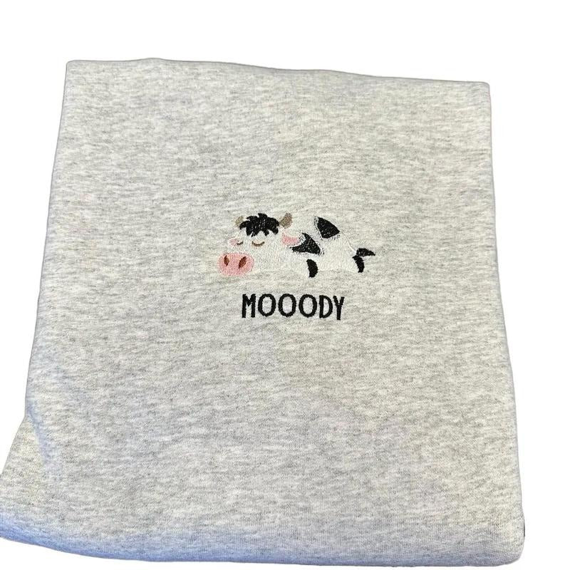 Moody cow Embroidered Crewneck Sweatshirt T-Shirts, Hoodie | PrintMintTees.com