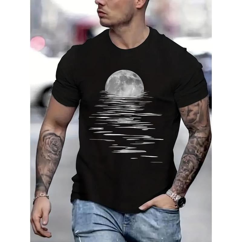 Moon graphic print T-shirt men's casual style summer and autumn slightly elastic round neck T-shirt Made in USA Hoodie...