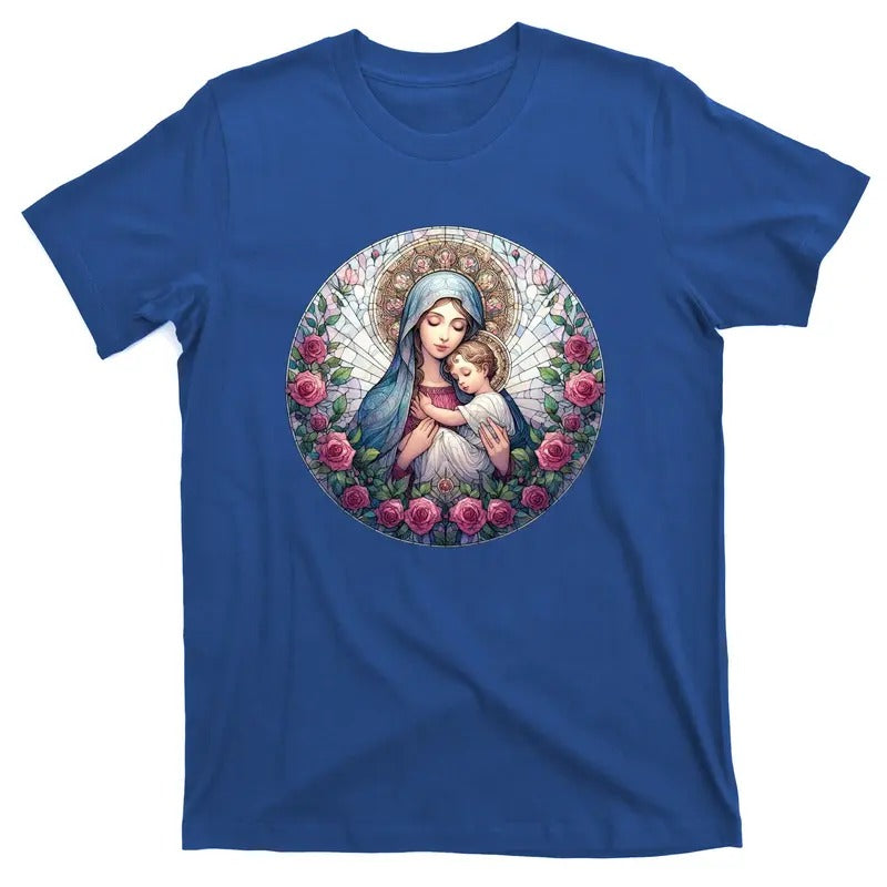 Mother Mary Stained Glass Collection: Roses Mary And Jesus Catholic Christian T-Shirt Hoodie Sweatshirt | PrintMintTees.com