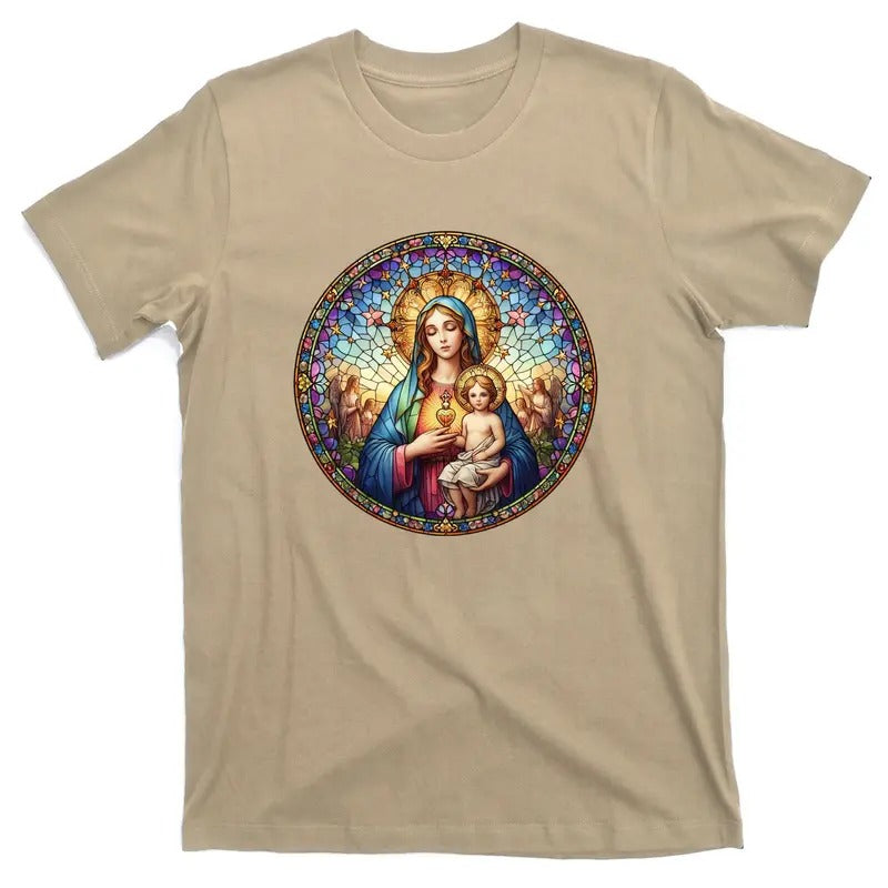 Mother Mary Stained Glass Collection: Sacred Heart Of Mary And Jesus T-Shirt Hoodie Sweatshirt | PrintMintTees.com