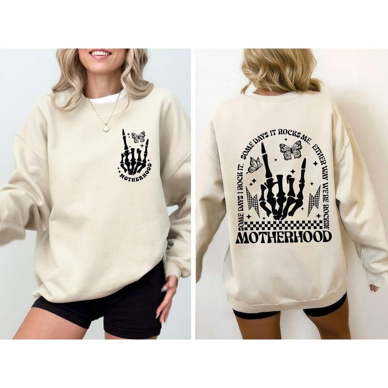 Motherhood Rocks, Mother's Day, Skeleton, Trend Sweatshirt, Women's Crew Neck, Crewneck Shirt Hoodie | PrintMintTees.com
