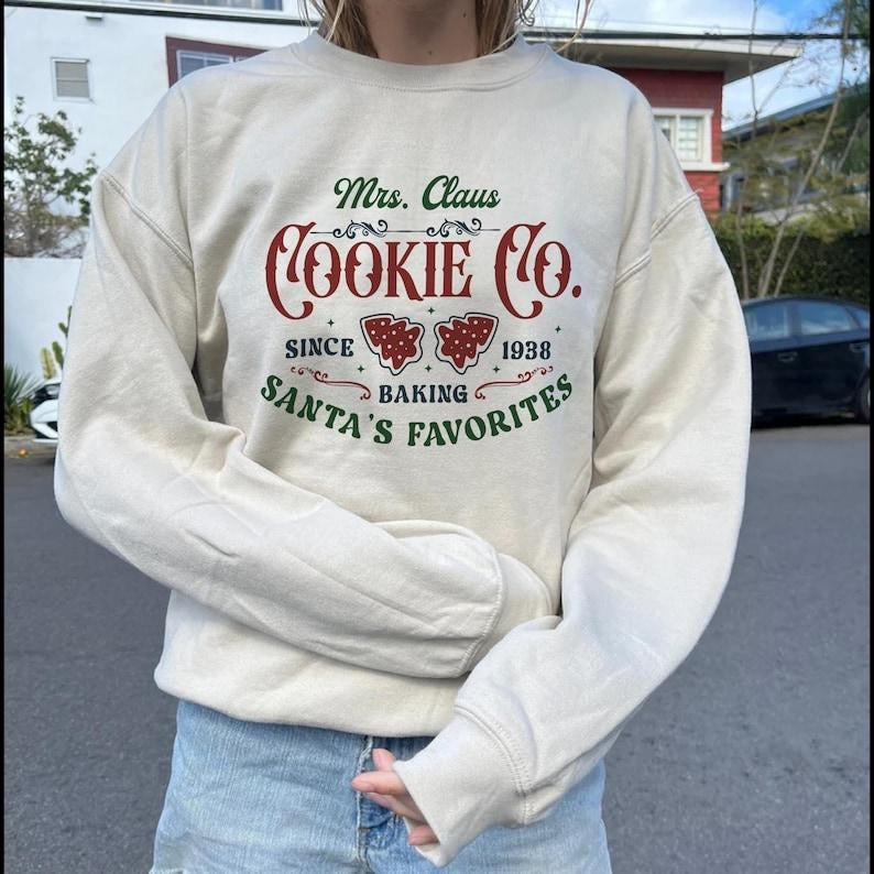 Mrs Claus Cookie Co Santa Favorite Crewneck Sweatshirt, Christmas Cozy Holiday Crewneck Sweater, Comfy Gift Shirt Hoodie