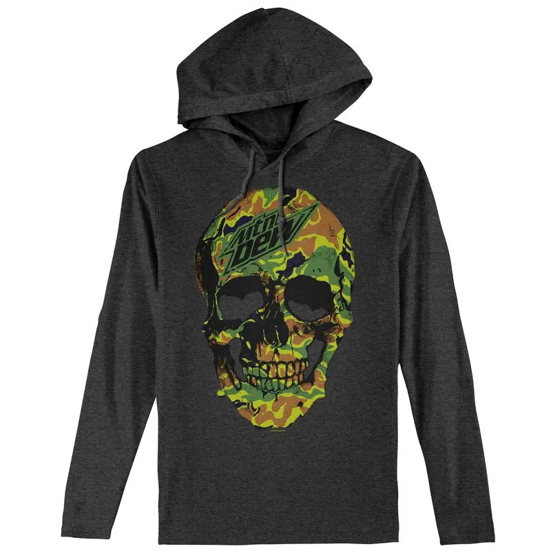 Mtn Dew Camo Skull Long Sleeve Hooded T-Shirt - Dark Gray Hoodie Sweatshirt | PrintMintTees.com