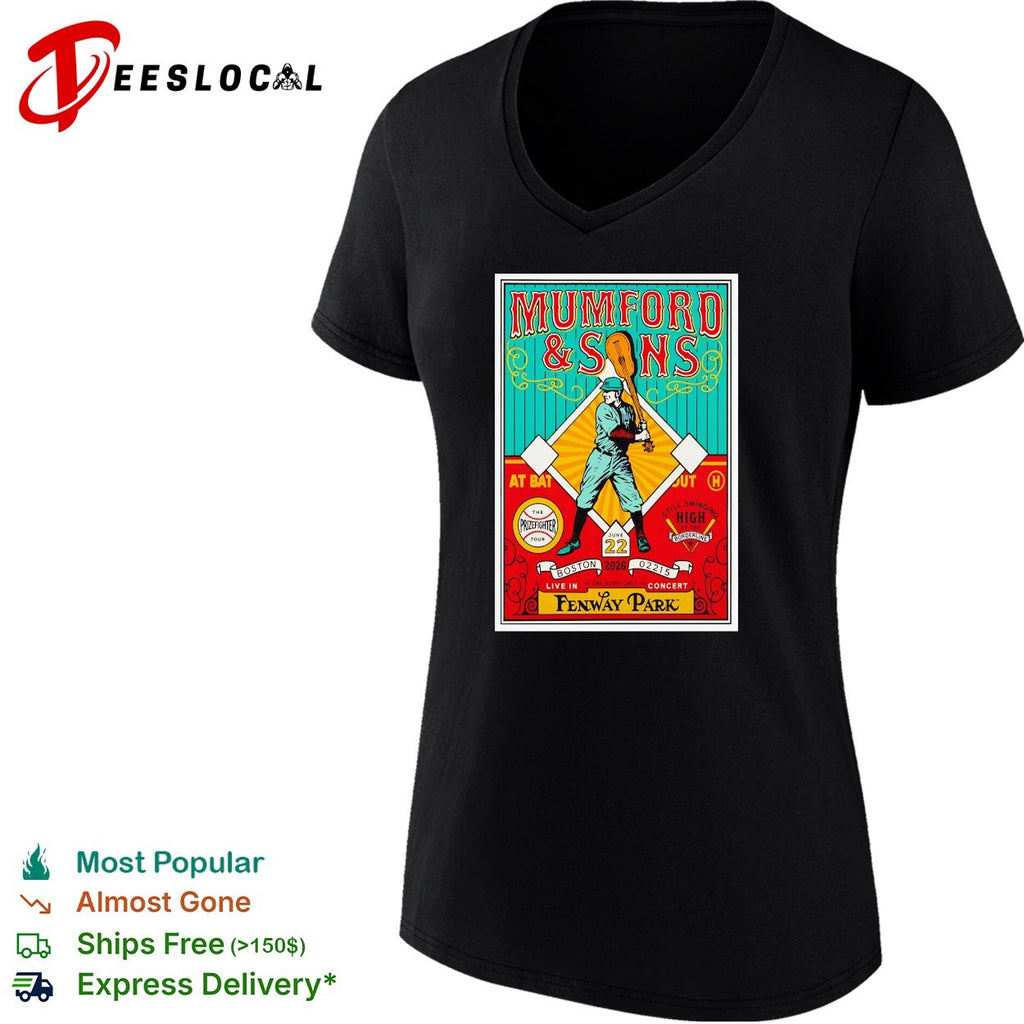 Mumford and Sons player swinging guitar bat Fenway Park Boston shirt