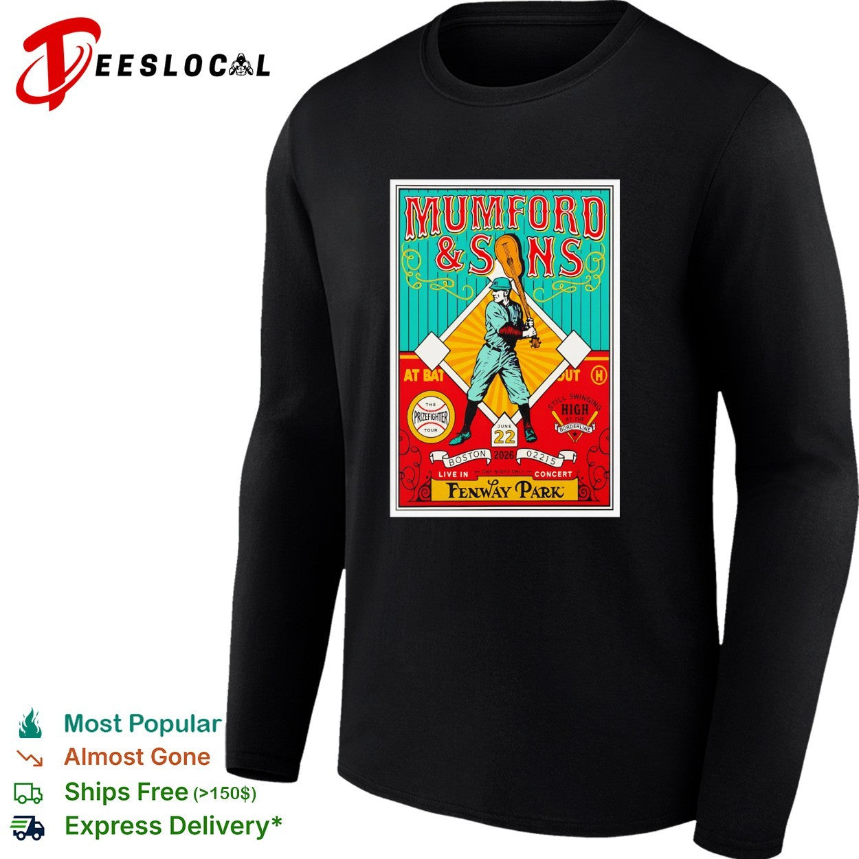Mumford and Sons player swinging guitar bat Fenway Park Boston shirt