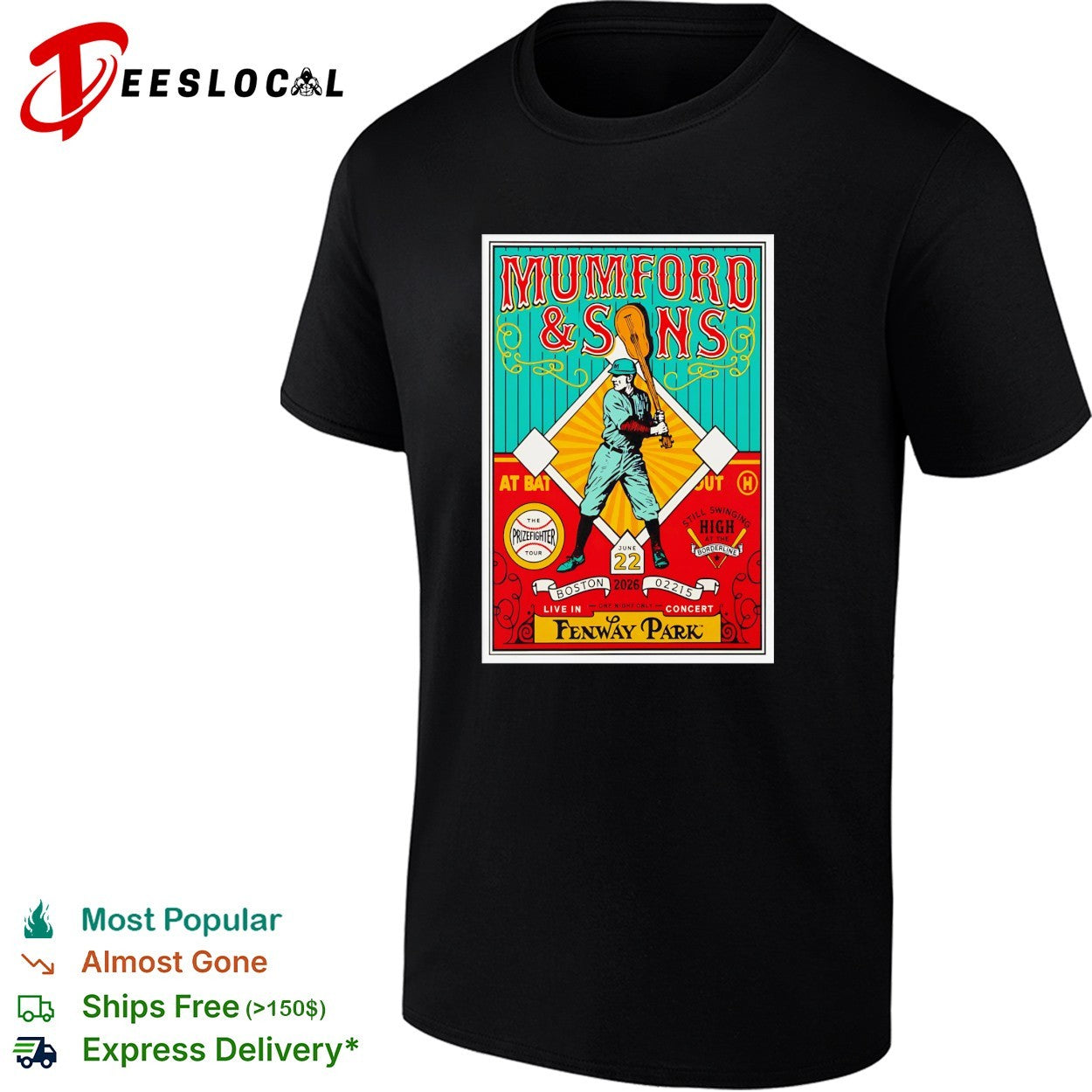 Mumford and Sons player swinging guitar bat Fenway Park Boston shirt