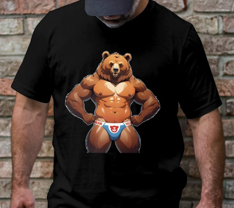 Muscle Bear Graphic T-Shirt, Funny Bear Cartoon Shirt, Men's Novelty Tee, Cool Bear Wrestling Mask Art, Unique Graphic...