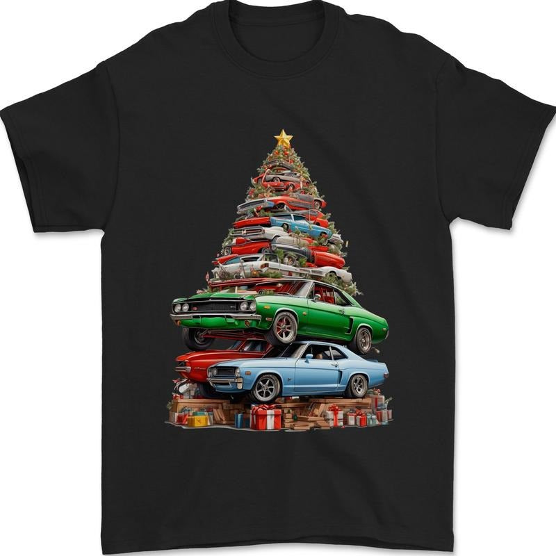 Muscle Car Christmas Tree Xmas Classic Mens T-Shirt Cotton Made in USA Hoodie Sweatshirt | PrintMintTees.com