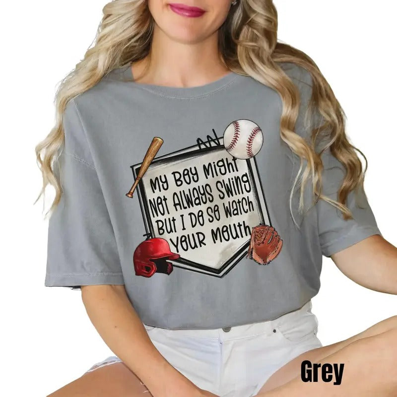 My Boy Might Not Always Swing But I Do Shirt - Unisex T-Shirt with Graphic Print Featuring Baseball Elements, Short...