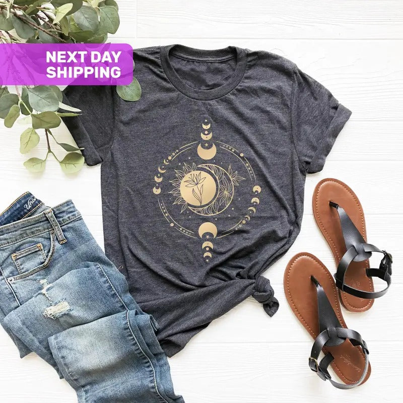 Mystic Moon And Sun Shirt, Celestial Moon Shirt, Boho Moon Shirt, Moon Phase T-Shirt, Boho Vintage Moon Shirt, Mystical...