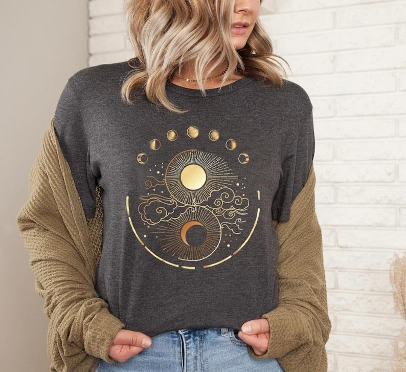Mystic Moon And Sun Shirt, Mystical Moon Phase Shirt, Moon Phase T-Shirt, Boho Vintage Moon Shirt, Celestial Moon Shirt,...