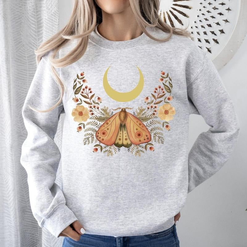 Mystical Moth and Moon, Enchanted Floral Night Sky Sweatshirtstyle{n002}2 Shirt Hoodie Sweatshirt | PrintMintTees.com