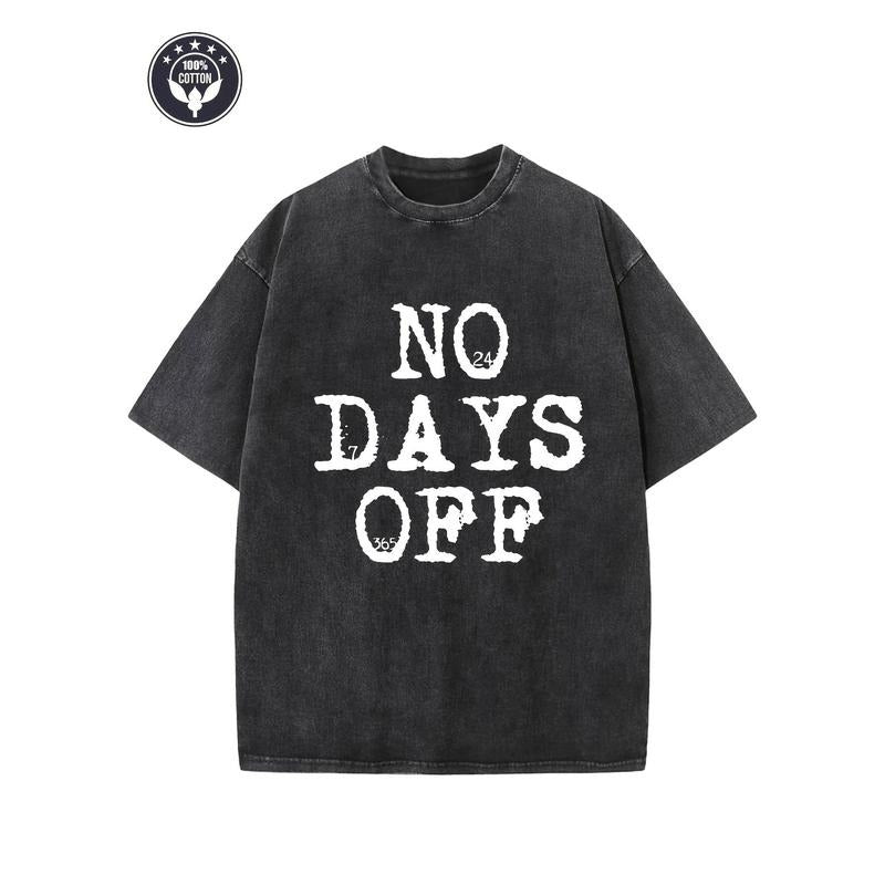 "NO DAYS OFF" Creative Pattern Printing Heavy 230g Pure Cotton Oversized Drop Shoulder T-shirt Washed T-shirt Retro...