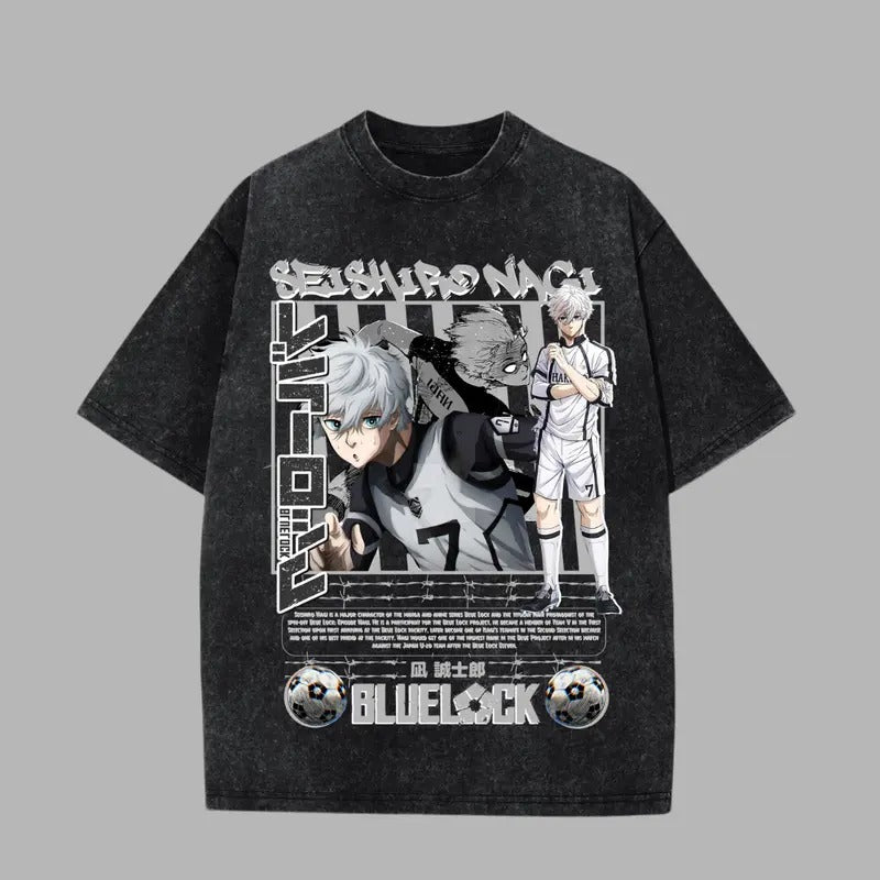 Nagi Seishiro Washed Oversized T-Shirt, Blue Lock Anime Washed Heavy Cotton Special Graphic Tee Hoodie Sweatshirt