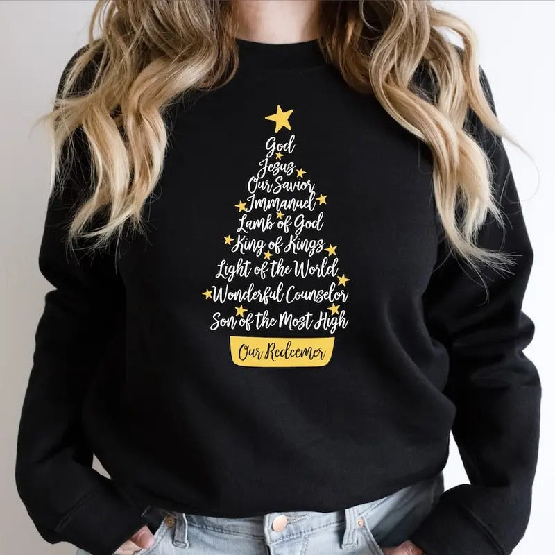 Names Of Jesus Shirt, Christmas Tree Shirt, Jesus Name Tree, Christmas Gift Ideas, Holiday Shirt Cotton Polyester Hoodie...