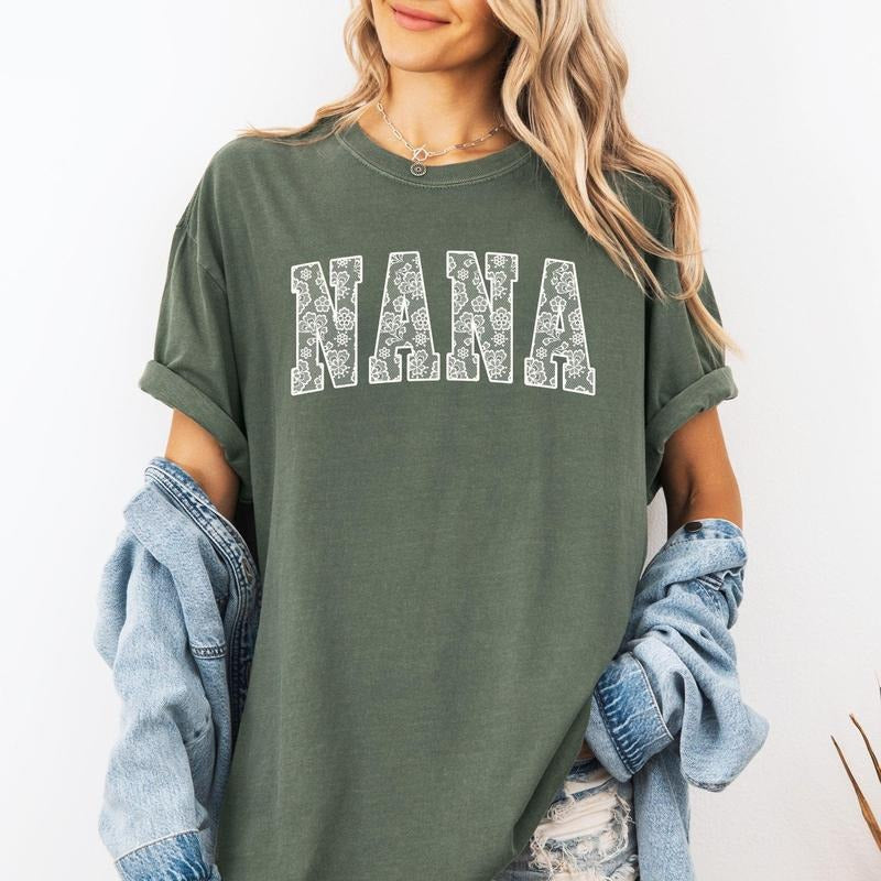 Nana, Faux Lace, Coquette, Varsity, Mother's Day Tshirt, Women's Comfort Colors Tee Hoodie Sweatshirt | PrintMintTees.com
