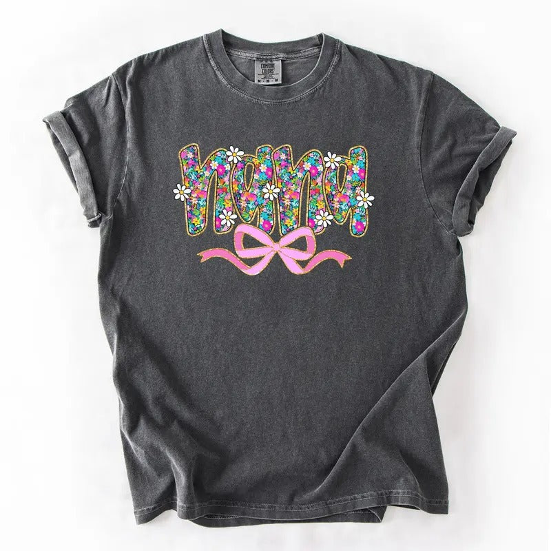 Nana, Mother's Day, Ribbon, Bow, Floral, Flowers, Bright, Colorful, Pastels Tshirt, Women's Comfort Colors Tee Hoodie...