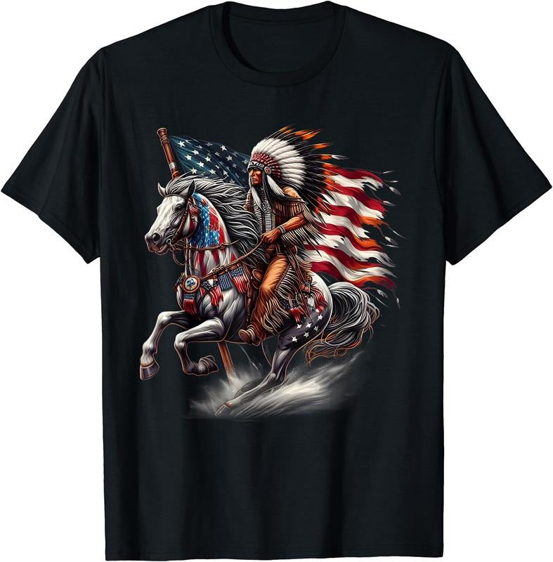 Native American Day Flag Indian Riding Horse 4th of July T-Shirt | Unisex Cotton Tee Gift, Crewneck, Short Sleeve Hoodie...