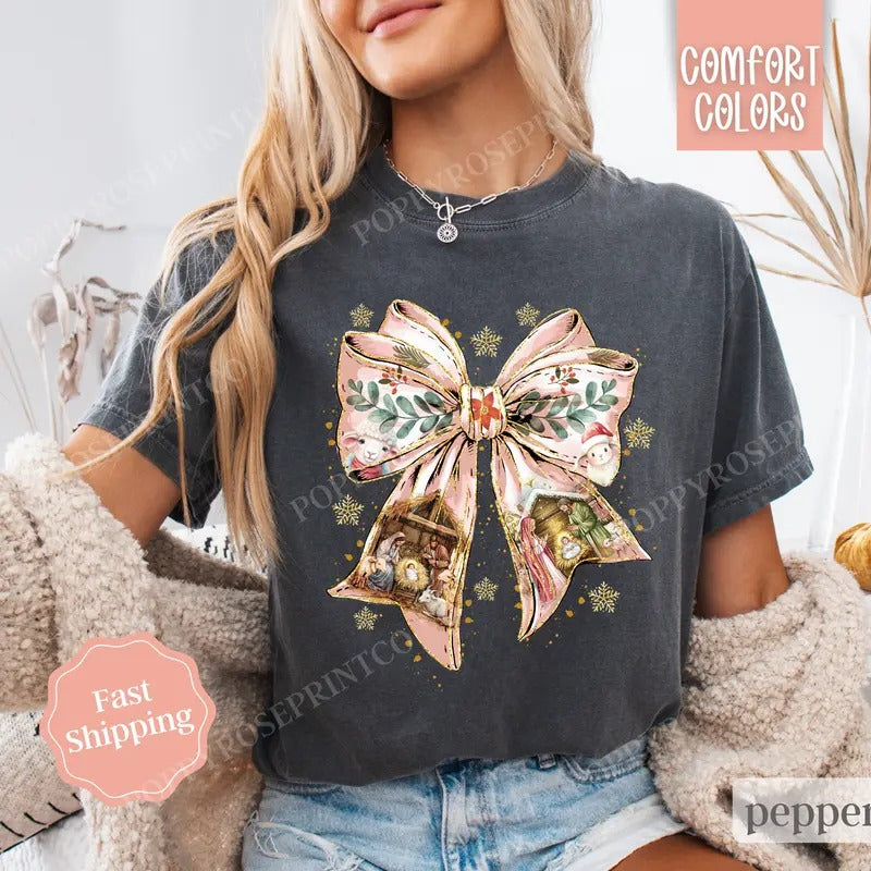 Nativity Bow Christmas Shirt Comfort Colors, Religious Christmas Tee, Women's Holiday Tshirt Hoodie, Sweatshirt