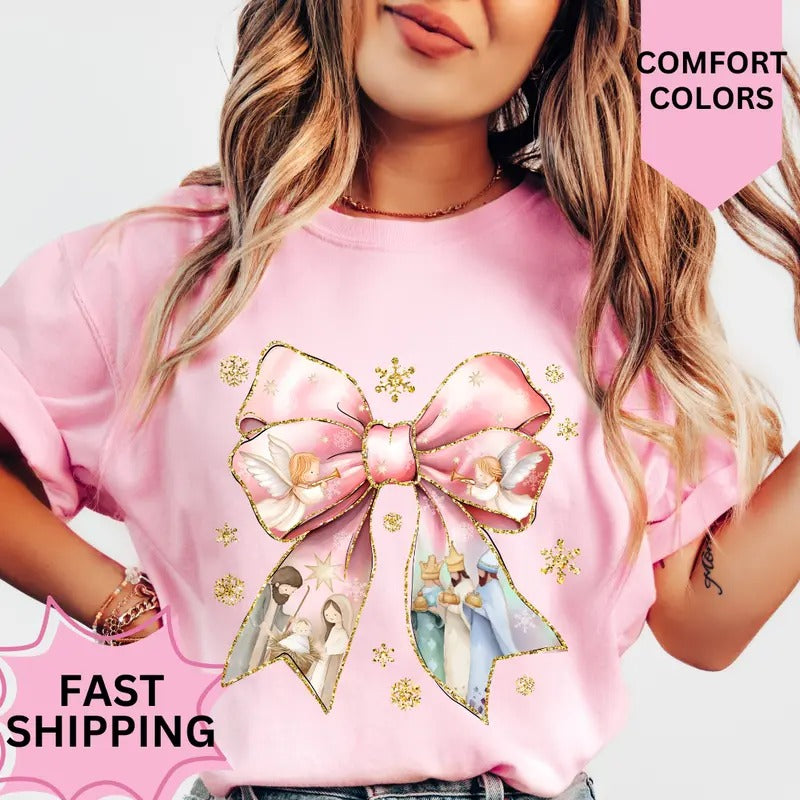 Nativity Bow Christmas Shirt, Comfort Colors, Christmas Coquette Shirt, Women's Holiday Tee, Casual Comfy Graphic Hoodie...