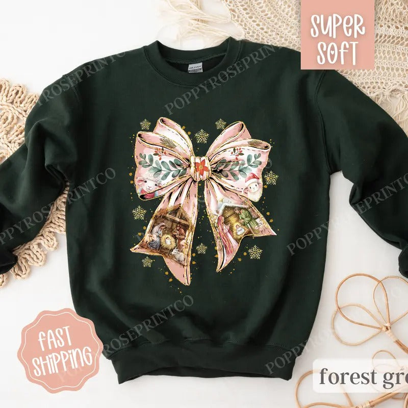 Nativity Bow Christmas Sweatshirt, Religious Christmas Sweater, Women's Holiday Crewneck T-Shirts, Hoodie | PrintMintTees.com