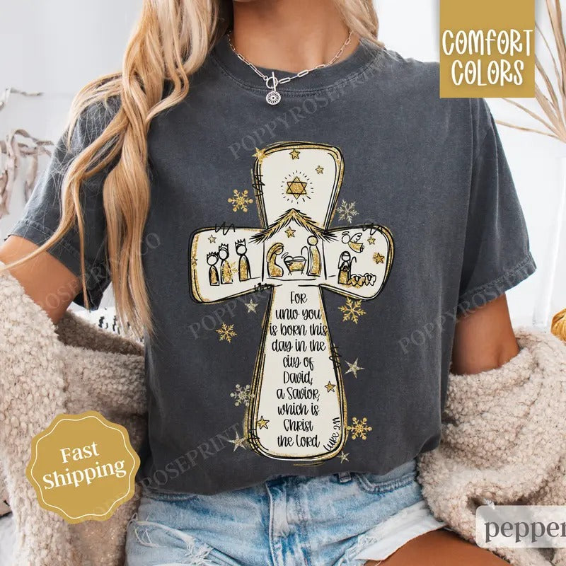 Nativity Cross Christmas Shirt Comfort Colors, Religious Christmas Tee, Women's Holiday Tshirt Hoodie Sweatshirt