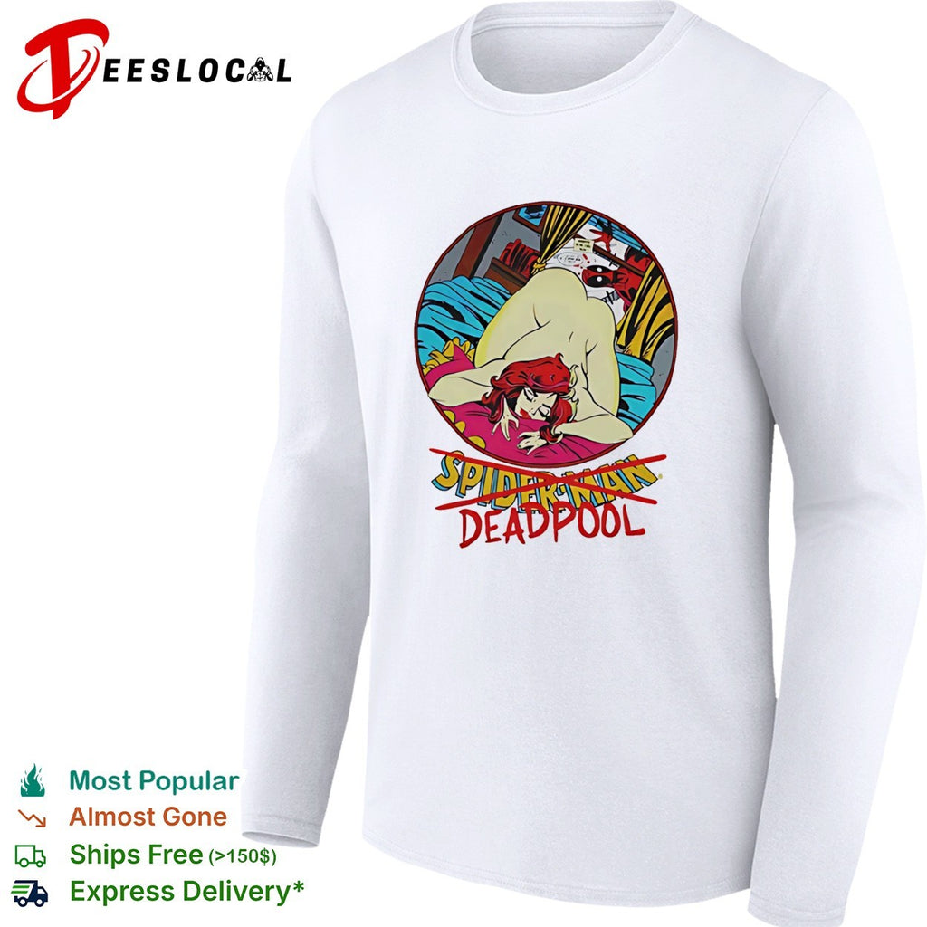 Naughty Spiderman ass up Deapool peeking funny shirt