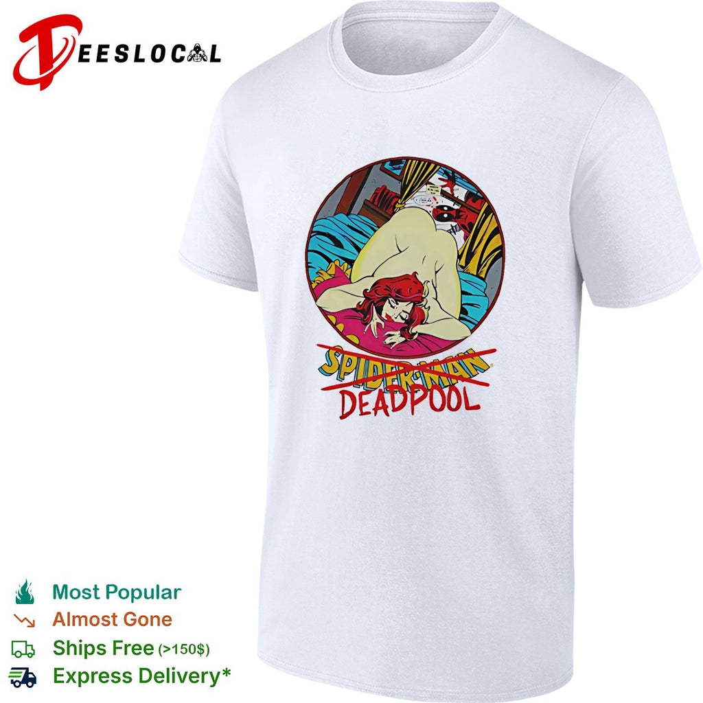Naughty Spiderman ass up Deapool peeking funny shirt
