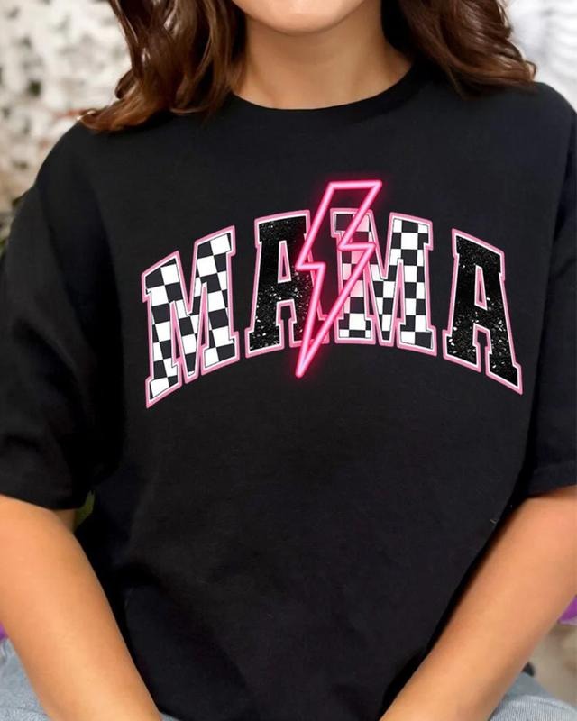Neon Lightning Bolt Checkered Mama Short Sleeve Relaxed Fit T-Shirt MAMA Graphic Tee Hoodie Sweatshirt | PrintMintTees.com