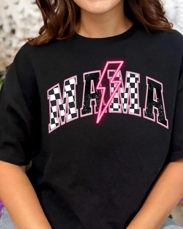Neon Lightning Bolt Checkered Mama Short Sleeve Relaxed Fit T-Shirt Hoodie Sweatshirt | PrintMintTees.com