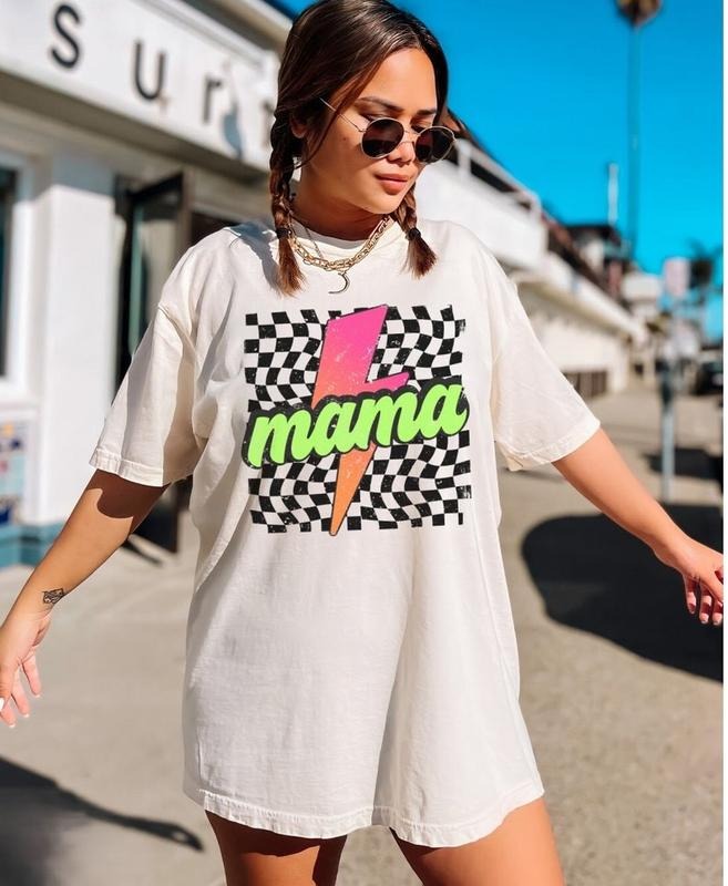 Neon Mama Tshirt, Checkered Mama Shirt, Lightning Bolt TShirt, Mothers Day Gift, Retro Checkered Mom Tee, Gift for Her...