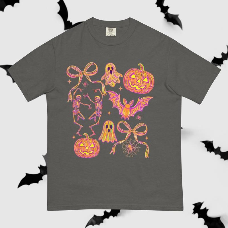 Neon halloween skellies T-shirt, Halloween Shirt -  Unisex Casual Cotton T-shirt, Comfortable Spooky Apparel for Women...