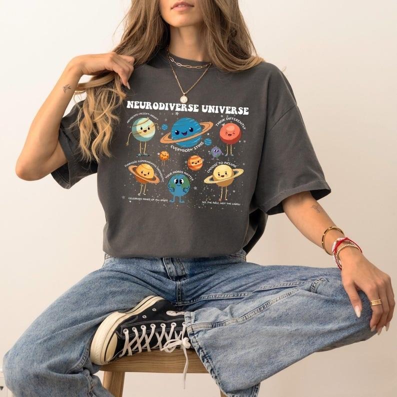 Neurodiversity Shirt, Neurodiverse Universe Tshirt, Cute Planets in Space Autism Awareness T-Shirt, Oversized Trendy Tee...
