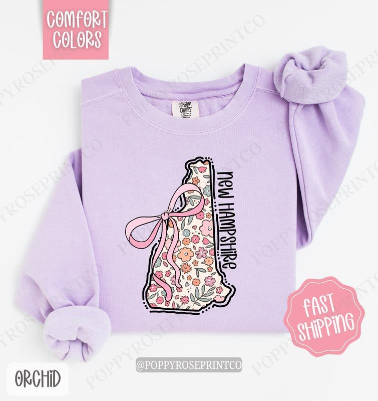 New Hampshire Floral Comfort Colors Sweatshirt, New Hampshire Sweatshirt, Cute Bow New Hampshire Sweatshirt Shirt Hoodie